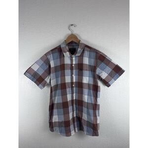 Brixton Mens Large Plaid Button Up Shirt Short Sleeve Brown